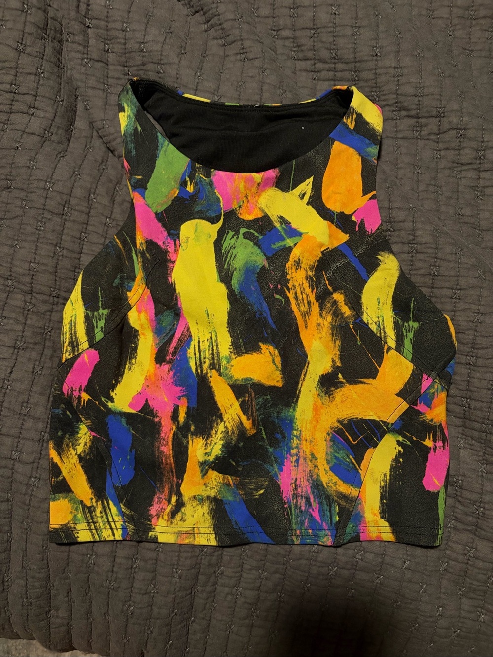lululemon athletica Black Crop Tank with Neon Brushstroke Print